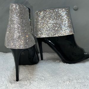 AZALEA WANG Faux Patent Leather Peep Toe Booties with Rhinestone Fold Over